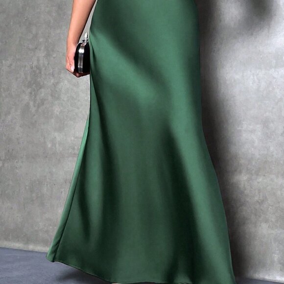 Army Green Casual Womens Solid Maxi Satin Skirt - Picture 4 of 5